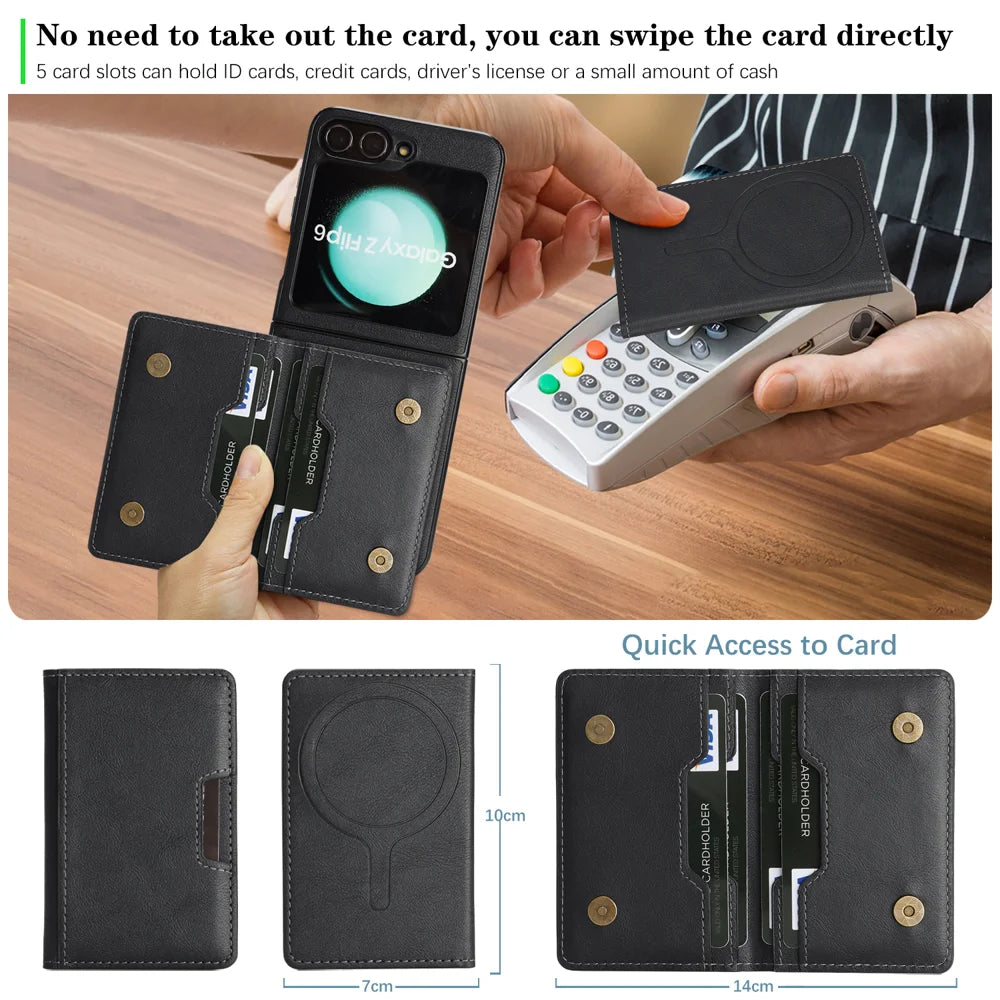 For Samsung Galaxy Z Flip6 5G Kickstand Case Bi-fold Card Bag PU Leather Coated TPU Cover Magnetic Case - Black - 6