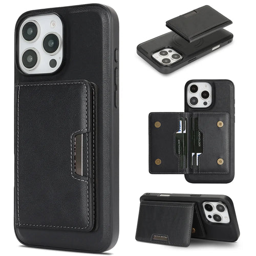 For iPhone 13 Pro Kickstand Case Bi-fold Card Bag PU Leather Coated TPU Cover Compatible with MagSafe - Black - 1