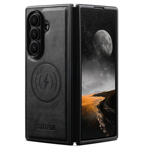 SUTENI G5 For Samsung Galaxy Z Fold7 5G Magnetic Case Cowhide Texture Leather Back Cover - Black - 1