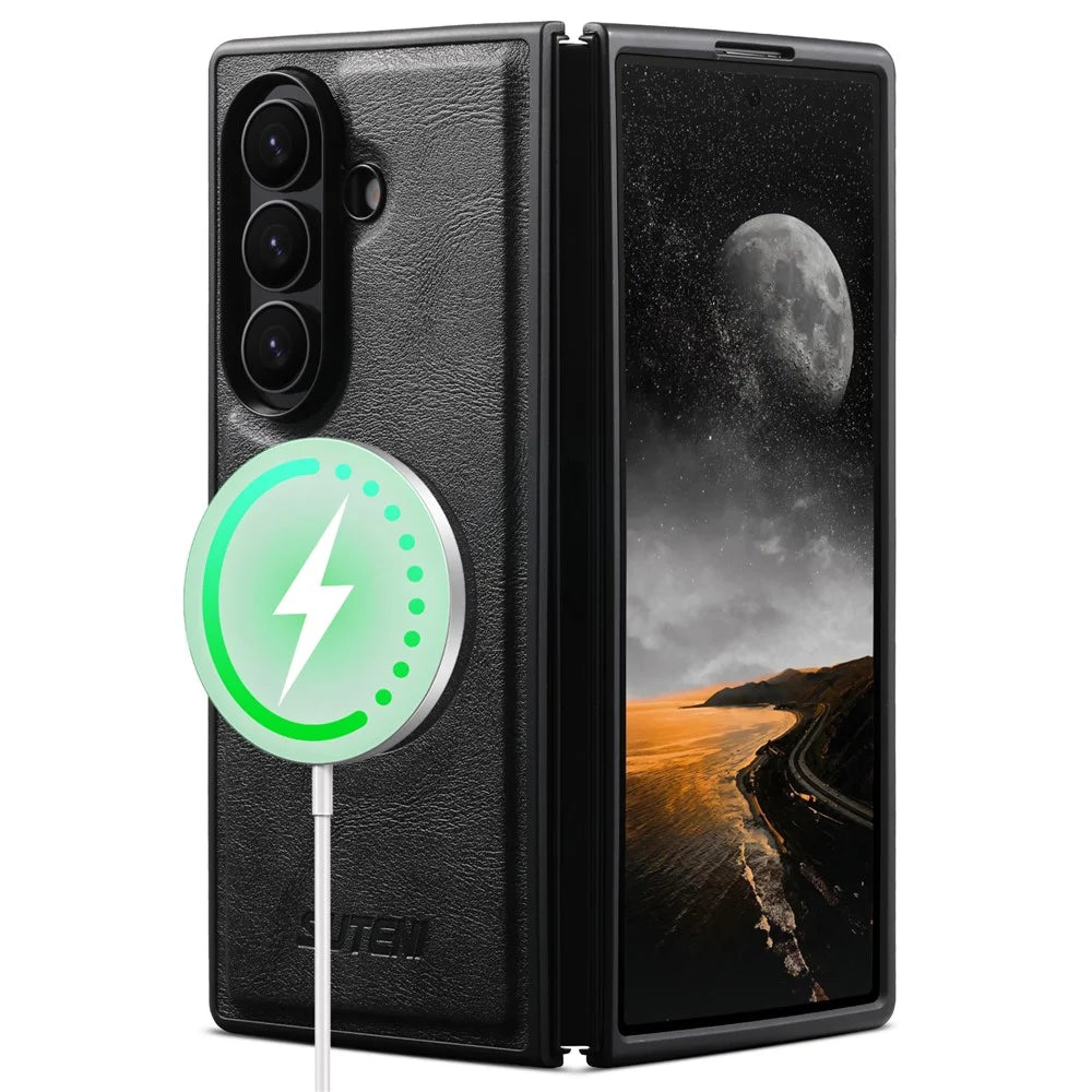 SUTENI G5 For Samsung Galaxy Z Fold7 5G Magnetic Case Cowhide Texture Leather Back Cover - Black - 2