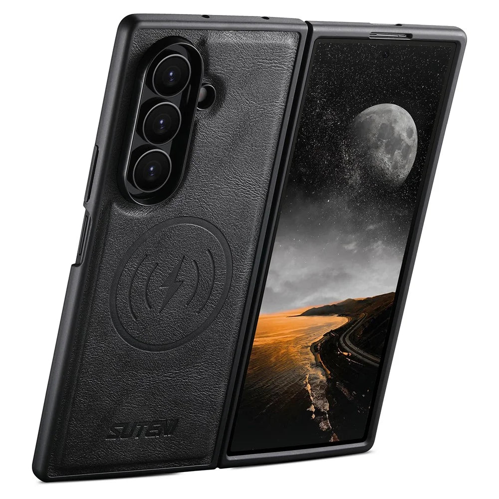 SUTENI G5 For Samsung Galaxy Z Fold7 5G Magnetic Case Cowhide Texture Leather Back Cover - Black - 3