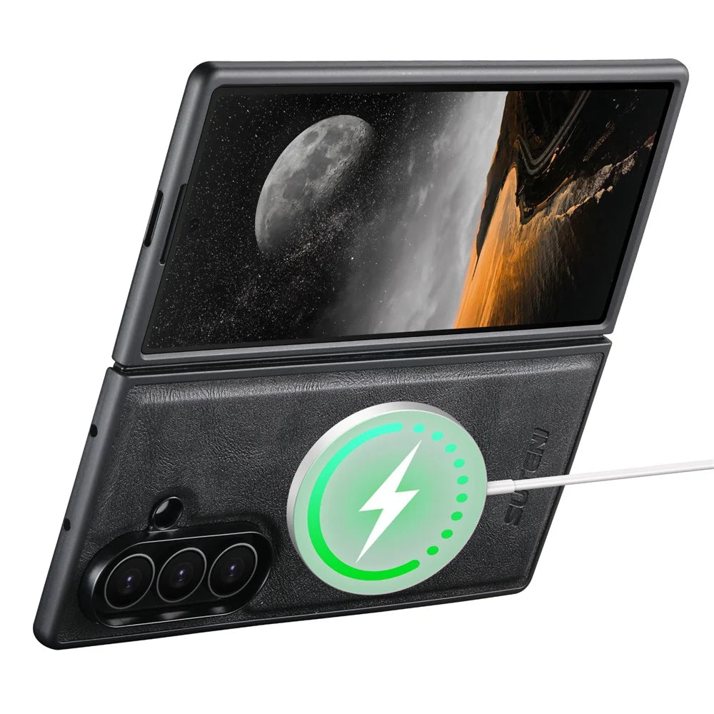 SUTENI G5 For Samsung Galaxy Z Fold7 5G Magnetic Case Cowhide Texture Leather Back Cover - Black - 4