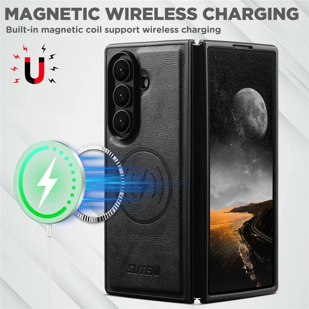 SUTENI G5 For Samsung Galaxy Z Fold7 5G Magnetic Case Cowhide Texture Leather Back Cover - Black - 5