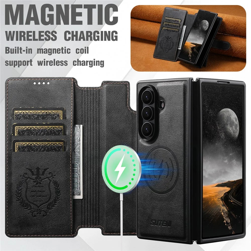 SUTENI Q-05 For Samsung Galaxy Z Fold7 5G Wallet Case 2 in 1 Detachable Leather Flip Phone Cover with Stand - Black - 7