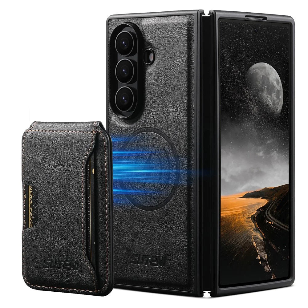 SUTENI M3 For Samsung Galaxy Z Fold7 5G Magnetic Case Cowhide Texture Leather Back Cover with Card Bag Kickstand - Black - 1