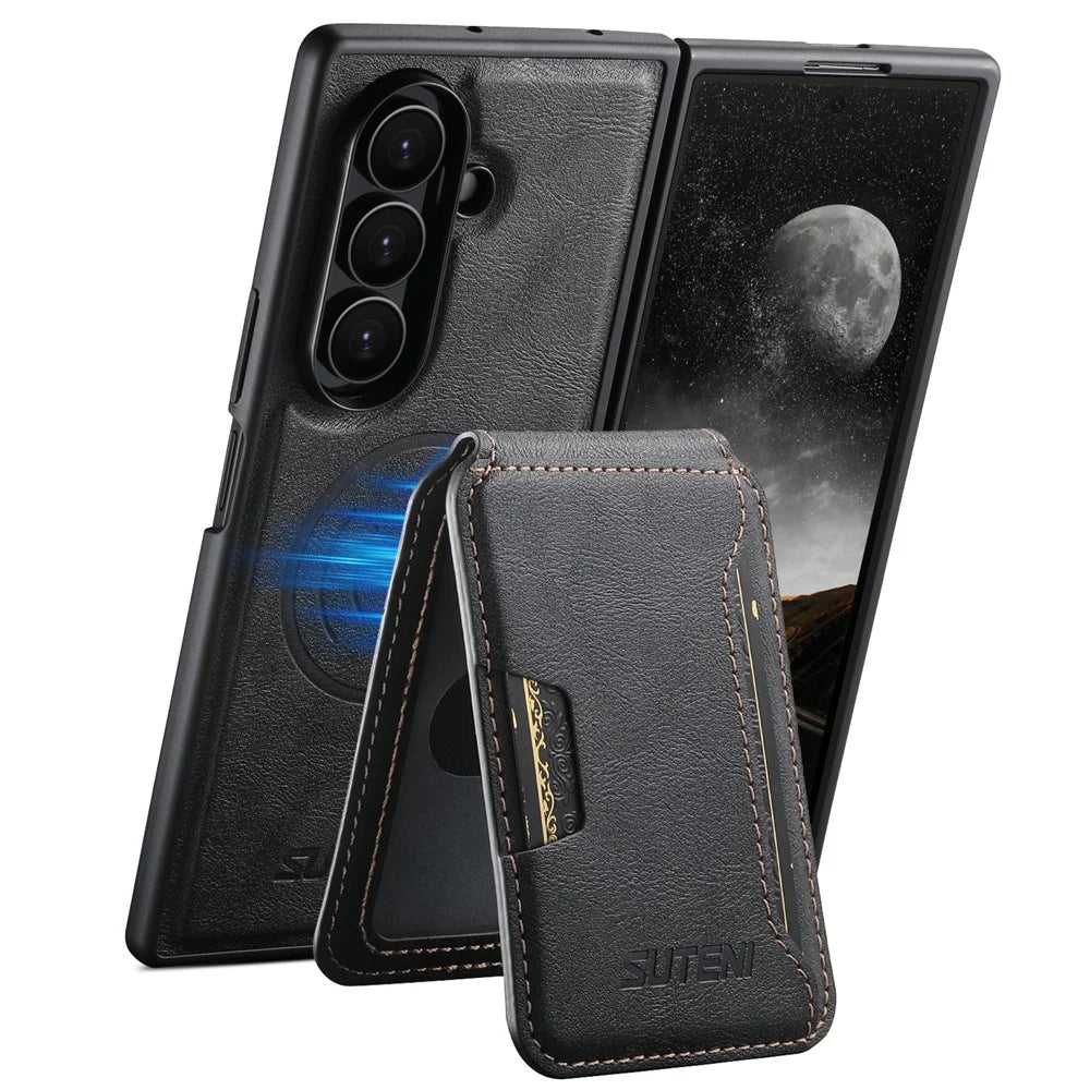 SUTENI M3 For Samsung Galaxy Z Fold7 5G Magnetic Case Cowhide Texture Leather Back Cover with Card Bag Kickstand - Black - 2