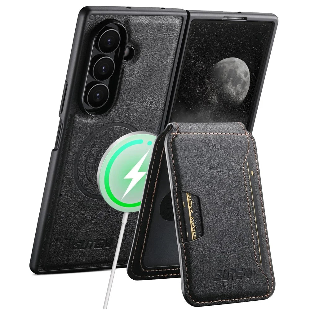 SUTENI M3 For Samsung Galaxy Z Fold7 5G Magnetic Case Cowhide Texture Leather Back Cover with Card Bag Kickstand - Black - 3
