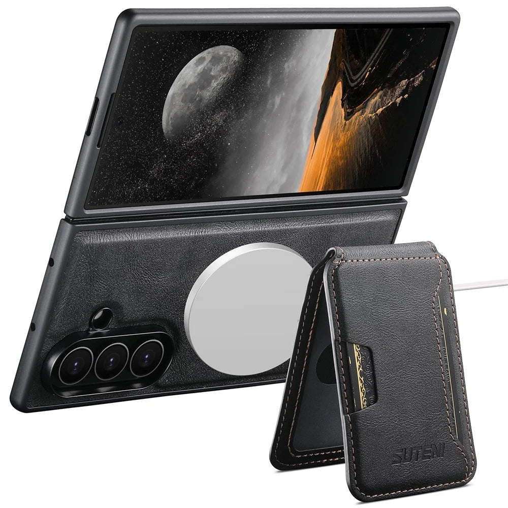 SUTENI M3 For Samsung Galaxy Z Fold7 5G Magnetic Case Cowhide Texture Leather Back Cover with Card Bag Kickstand - Black - 4