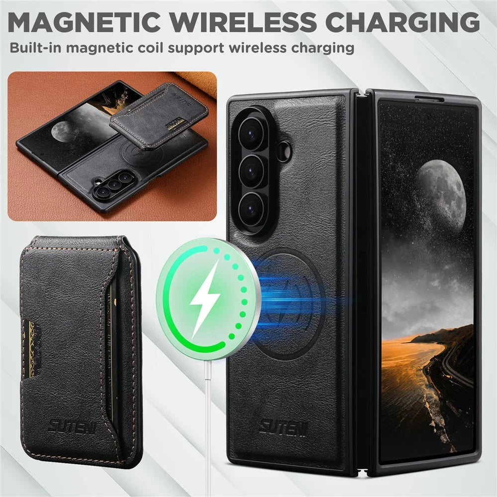 SUTENI M3 For Samsung Galaxy Z Fold7 5G Magnetic Case Cowhide Texture Leather Back Cover with Card Bag Kickstand - Black - 5