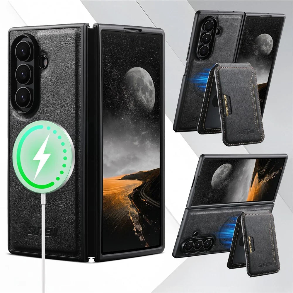 SUTENI M3 For Samsung Galaxy Z Fold7 5G Magnetic Case Cowhide Texture Leather Back Cover with Card Bag Kickstand - Black - 6