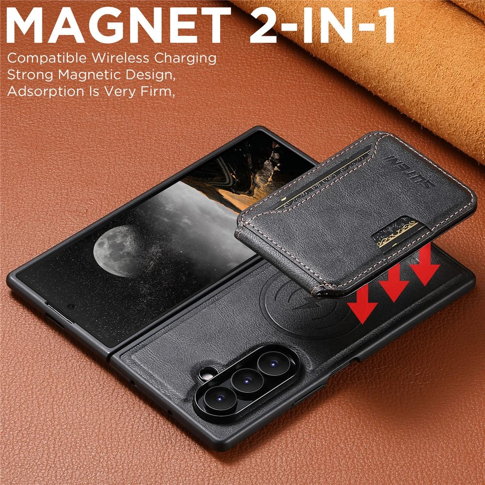 SUTENI M3 For Samsung Galaxy Z Fold7 5G Magnetic Case Cowhide Texture Leather Back Cover with Card Bag Kickstand - Black - 7