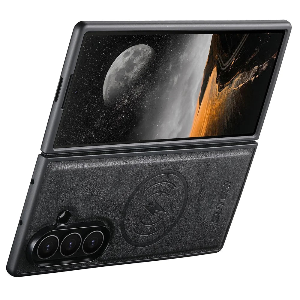SUTENI M4 For Samsung Galaxy Z Fold7 5G Magnetic Case with Card Holder Cowhide Texture Leather Back Cover - Black - 2