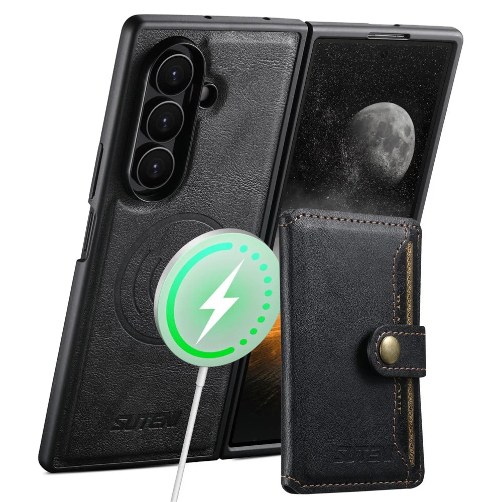 SUTENI M4 For Samsung Galaxy Z Fold7 5G Magnetic Case with Card Holder Cowhide Texture Leather Back Cover - Black - 3