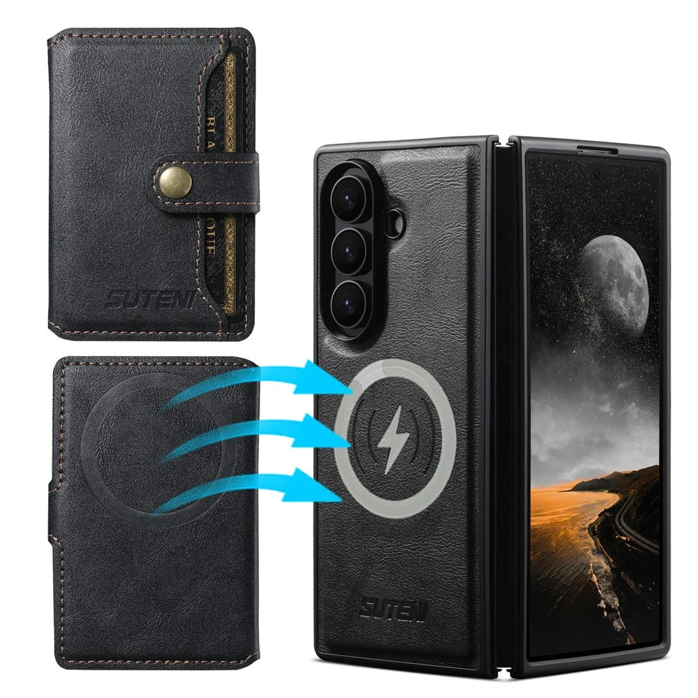 SUTENI M4 For Samsung Galaxy Z Fold7 5G Magnetic Case with Card Holder Cowhide Texture Leather Back Cover - Black - 4