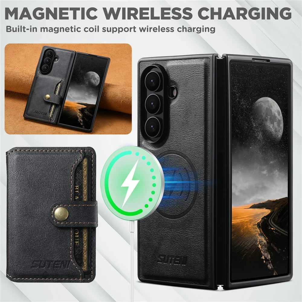 SUTENI M4 For Samsung Galaxy Z Fold7 5G Magnetic Case with Card Holder Cowhide Texture Leather Back Cover - Black - 5