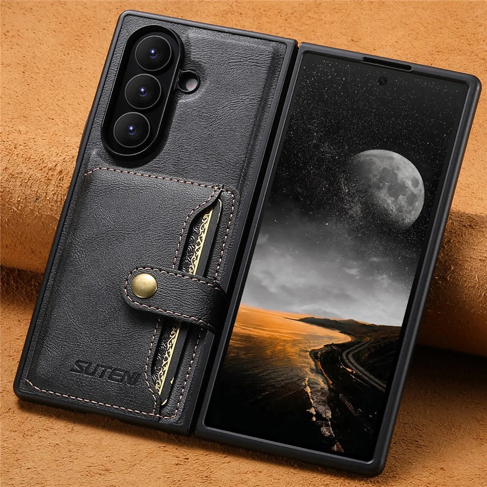 SUTENI M4 For Samsung Galaxy Z Fold7 5G Magnetic Case with Card Holder Cowhide Texture Leather Back Cover - Black - 6