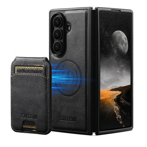 SUTENI M5 For Samsung Galaxy Z Fold7 5G Magnetic Case with Card Bag Cowhide Texture Leather Phone Back Cover - Black - 1