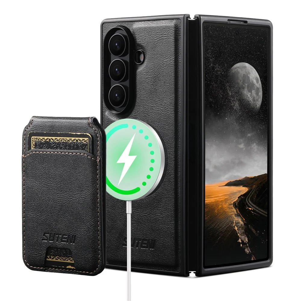 SUTENI M5 For Samsung Galaxy Z Fold7 5G Magnetic Case with Card Bag Cowhide Texture Leather Phone Back Cover - Black - 2