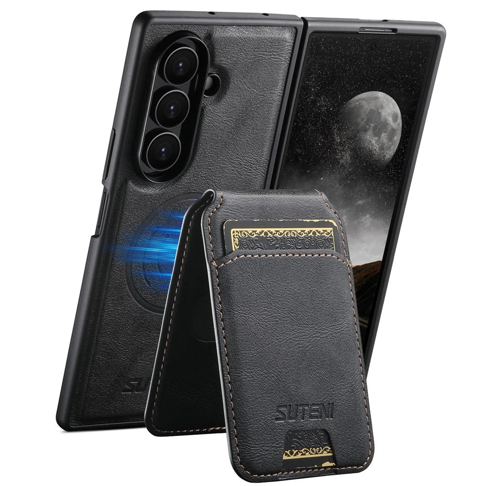SUTENI M5 For Samsung Galaxy Z Fold7 5G Magnetic Case with Card Bag Cowhide Texture Leather Phone Back Cover - Black - 3