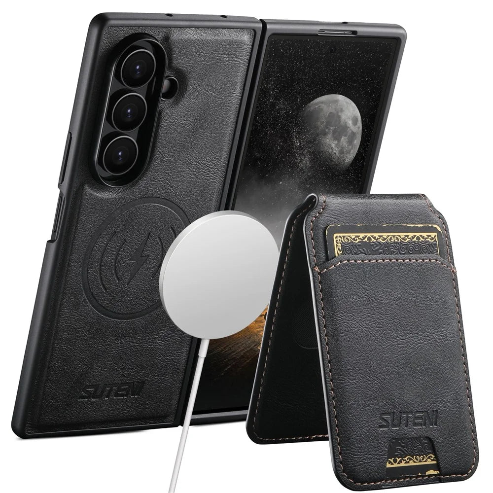 SUTENI M5 For Samsung Galaxy Z Fold7 5G Magnetic Case with Card Bag Cowhide Texture Leather Phone Back Cover - Black - 4