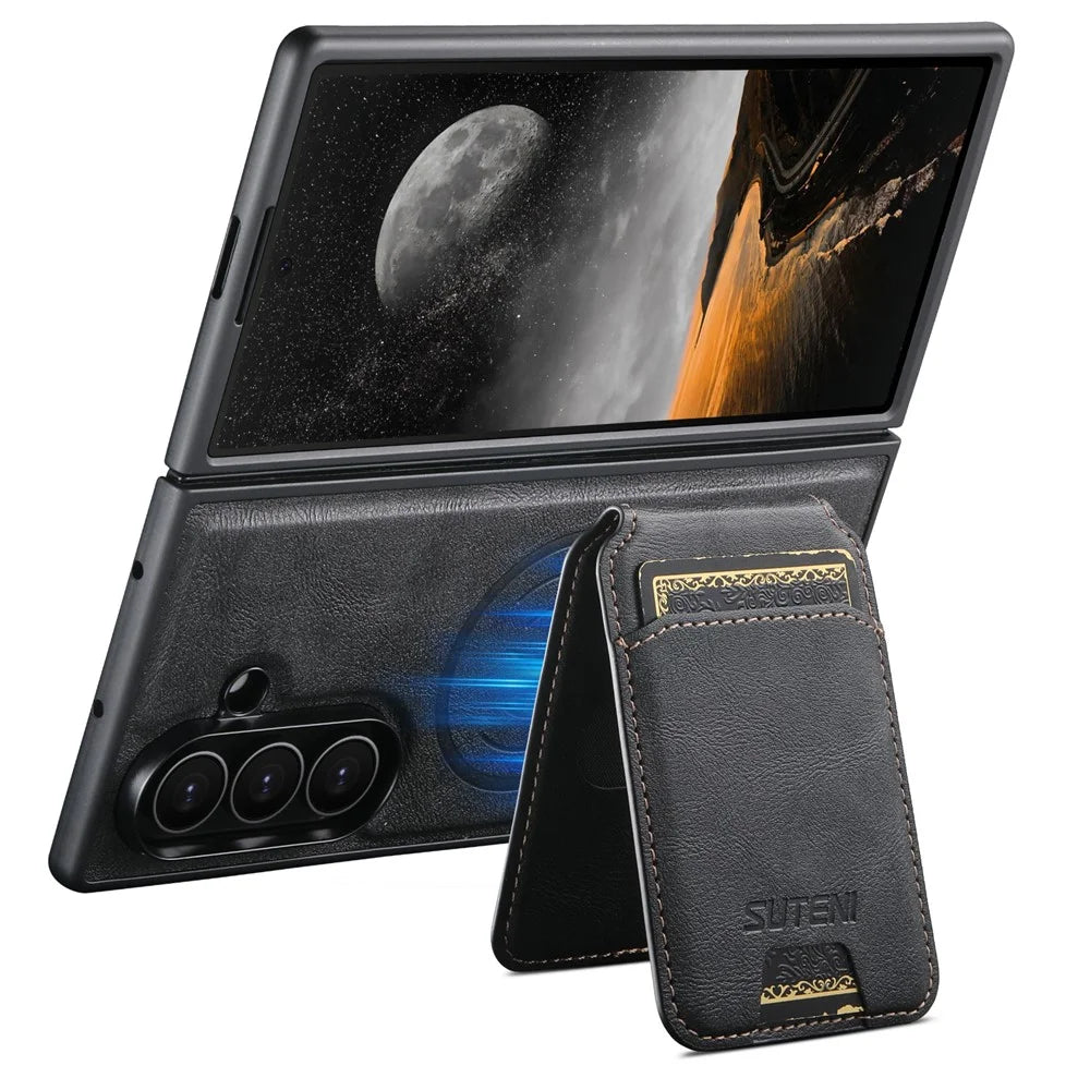 SUTENI M5 For Samsung Galaxy Z Fold7 5G Magnetic Case with Card Bag Cowhide Texture Leather Phone Back Cover - Black - 5