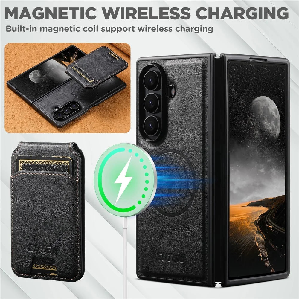 SUTENI M5 For Samsung Galaxy Z Fold7 5G Magnetic Case with Card Bag Cowhide Texture Leather Phone Back Cover - Black - 6