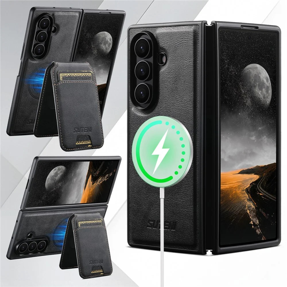 SUTENI M5 For Samsung Galaxy Z Fold7 5G Magnetic Case with Card Bag Cowhide Texture Leather Phone Back Cover - Black - 7