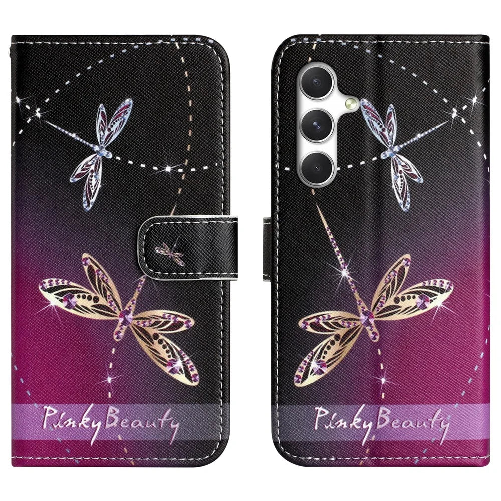 For Samsung Galaxy A57 5G Case Pattern Print PU Leather Wallet Phone Cover Cross Texture - Dragonfly - 1