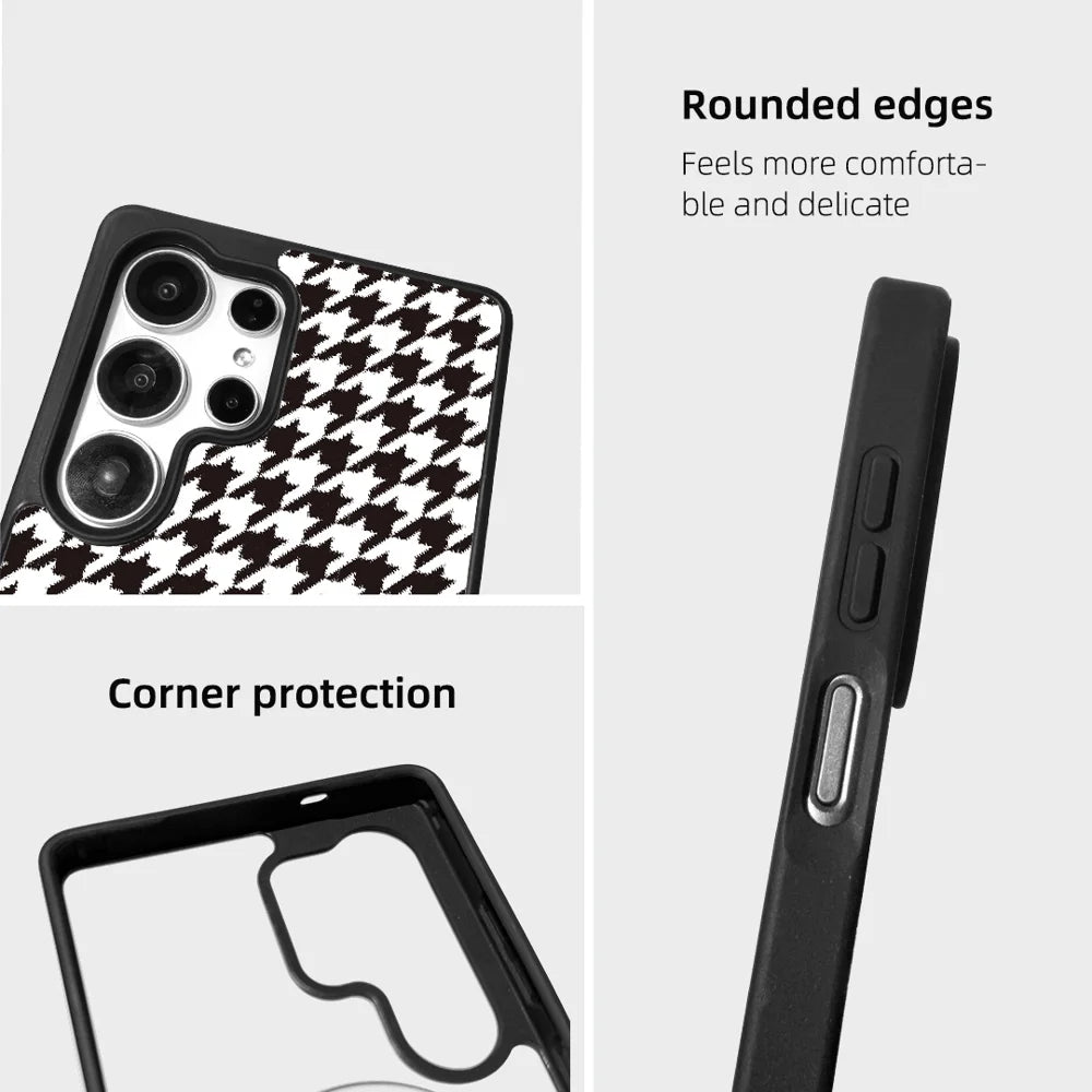 EYCASE For Samsung Galaxy S24 Ultra Magnetic Case  Grid Series Black Edge TPU + Acrylic Cover - Black White Houndstooth - 6