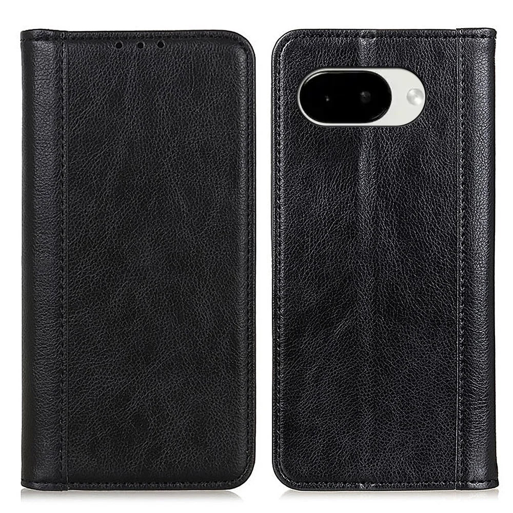 For Google Pixel 10a Stand Case Split Leather Litchi Texture Wallet Phone Cover - Black - 1