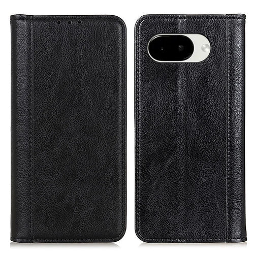 For Google Pixel 10a Stand Case Split Leather Litchi Texture Wallet Phone Cover - Black - 1