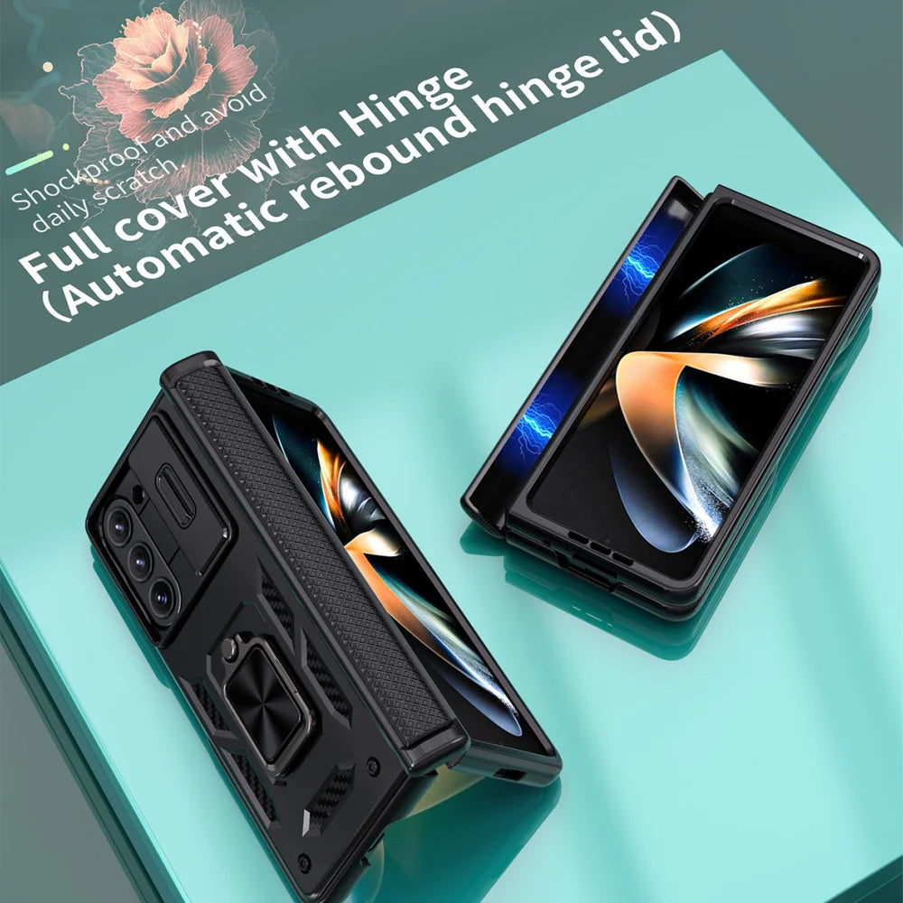 For Samsung Galaxy Z Fold6 5G Phone Case with Hinge PC + TPU Cover with Kickstand and Slide Camera Lid - Black - 5