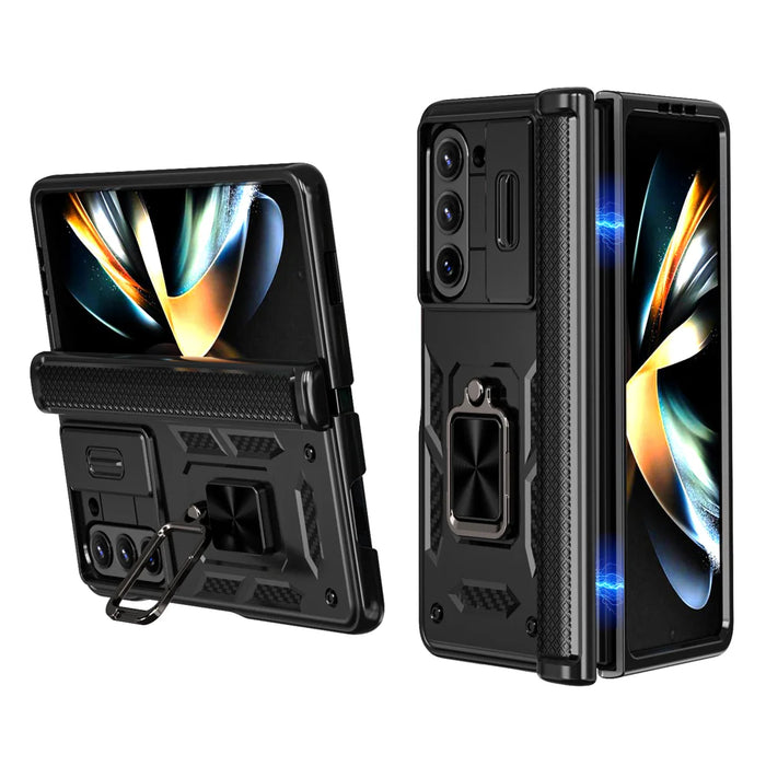 For Samsung Galaxy Z Fold5 5G Phone Case with Hinge PC + TPU Cover with Kickstand and Slide Camera Lid - Black - 1