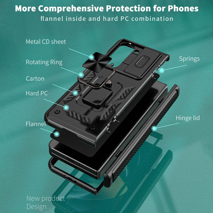 For Samsung Galaxy Z Fold5 5G Phone Case with Hinge PC + TPU Cover with Kickstand and Slide Camera Lid - Black - 6