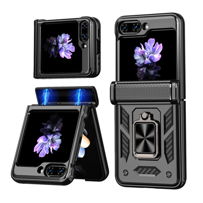 For Samsung Galaxy Z Flip5 5G Phone Case with Hinge PC + TPU Cover with Kickstand and Slide Camera Lid - Black - 1