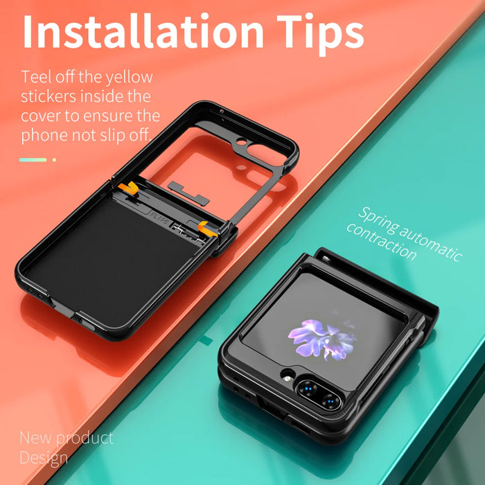For Samsung Galaxy Z Flip5 5G Phone Case with Hinge PC + TPU Cover with Kickstand and Slide Camera Lid - Black - 3
