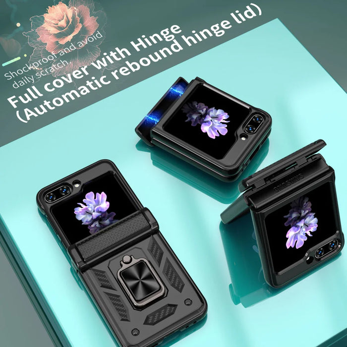 For Samsung Galaxy Z Flip5 5G Phone Case with Hinge PC + TPU Cover with Kickstand and Slide Camera Lid - Black - 5