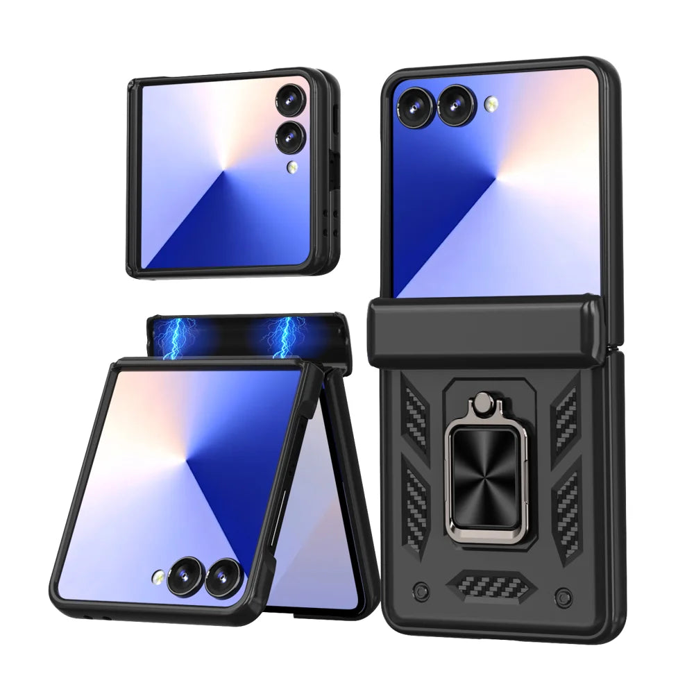 For Samsung Galaxy Z Flip7 5G Phone Case with Hinge PC + TPU Cover with Kickstand and Slide Camera Lid - Black - 1