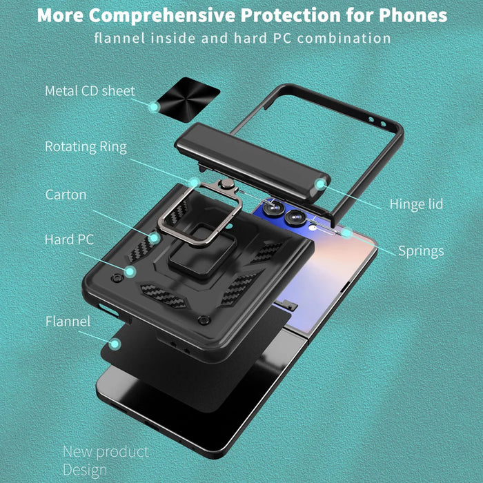 For Samsung Galaxy Z Flip7 5G Phone Case with Hinge PC + TPU Cover with Kickstand and Slide Camera Lid - Black - 6