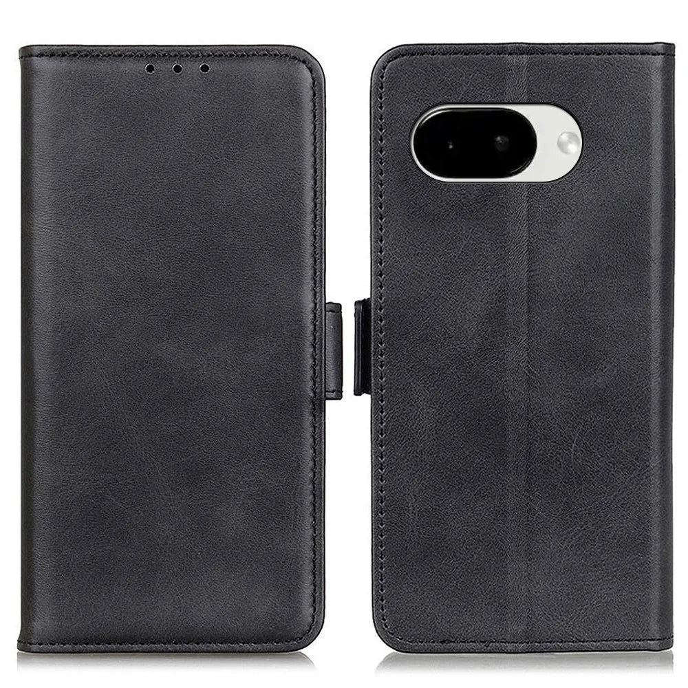 For Google Pixel 10a Case Stand Cowhide Texture PU Leather Phone Cover - Black - 1