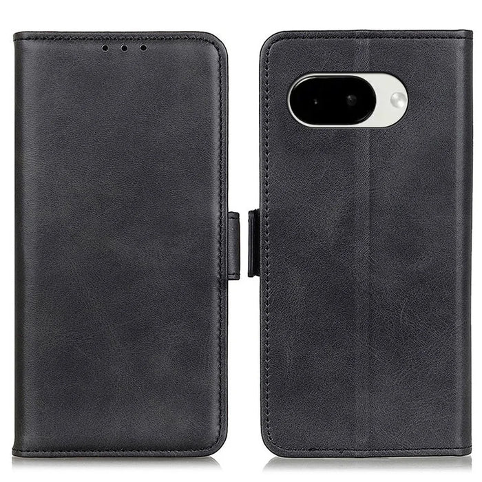 For Google Pixel 10a Case Stand Cowhide Texture PU Leather Phone Cover - Black - 1