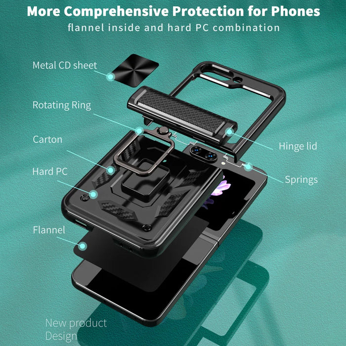 For Samsung Galaxy Z Flip6 5G Phone Case with Hinge PC + TPU Cover with Kickstand and Slide Camera Lid - Black - 6