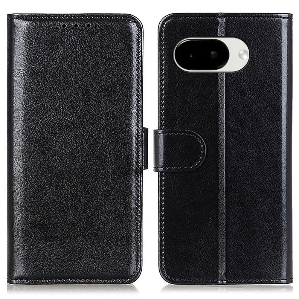 For Google Pixel 10a Case Crazy Horse Texture PU Leather Phone Stand Cover - Black - 1