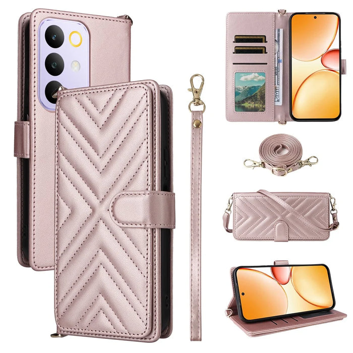 Leather Case For Realme C100 5G / C83 5G / C85 4G / C85 5G / 15x (India) 5G Stand Wallet Phone Cover with Shoulder / Wrist Strap - Pink - 1