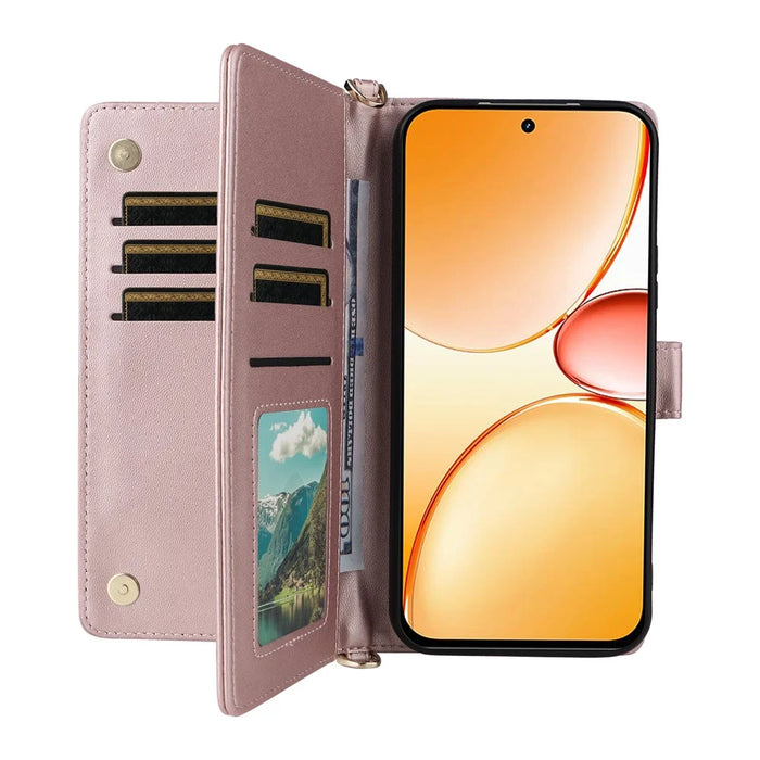 Leather Case For Realme C100 5G / C83 5G / C85 4G / C85 5G / 15x (India) 5G Stand Wallet Phone Cover with Shoulder / Wrist Strap - Pink - 2
