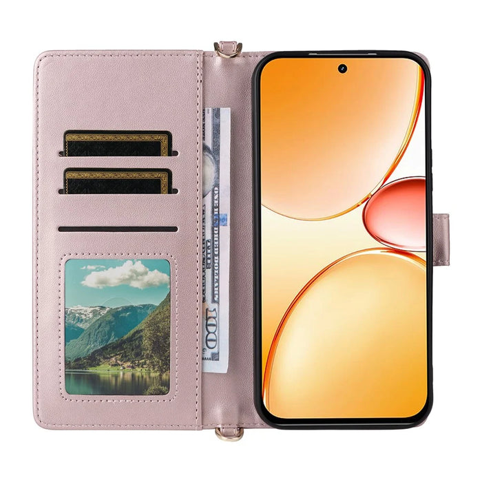 Leather Case For Realme C100 5G / C83 5G / C85 4G / C85 5G / 15x (India) 5G Stand Wallet Phone Cover with Shoulder / Wrist Strap - Pink - 3