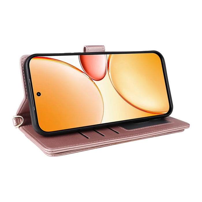 Leather Case For Realme C100 5G / C83 5G / C85 4G / C85 5G / 15x (India) 5G Stand Wallet Phone Cover with Shoulder / Wrist Strap - Pink - 5