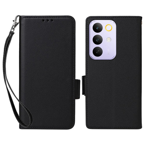 Litchi Texture Case For Realme C100 5G / C83 5G / C85 4G / C85 5G / 15x (India) 5G Wallet Leather Phone Cover with Wrist Strap - Black - 1
