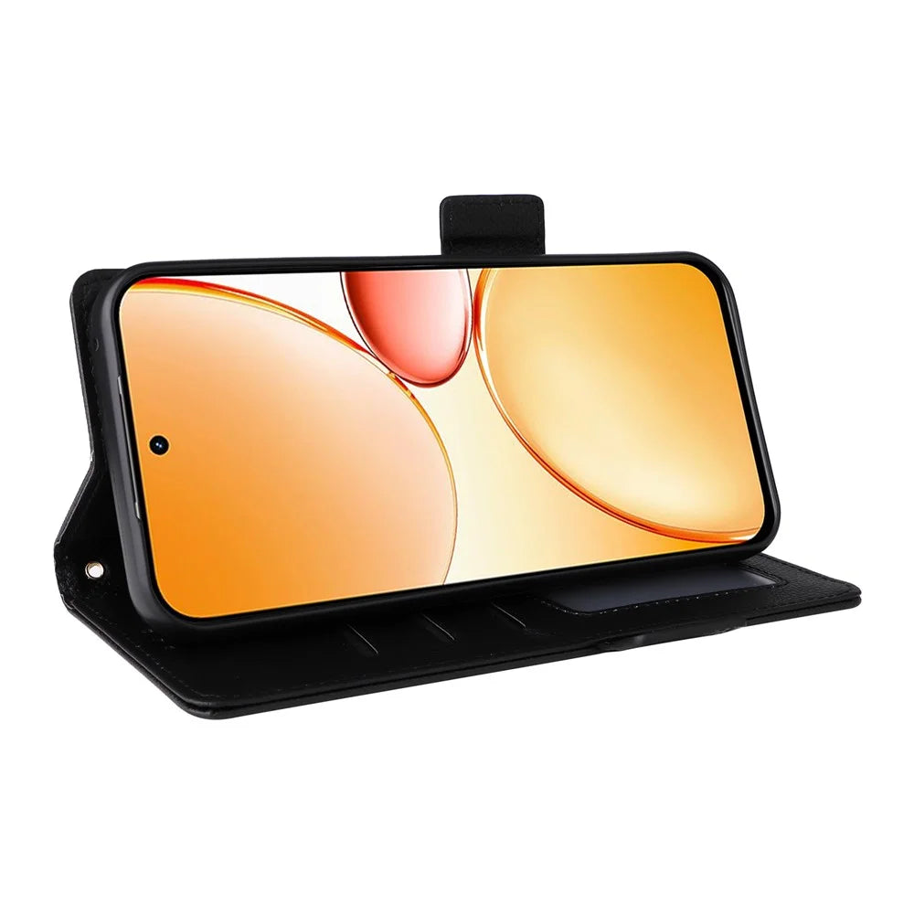 Litchi Texture Case For Realme C100 5G / C83 5G / C85 4G / C85 5G / 15x (India) 5G Wallet Leather Phone Cover with Wrist Strap - Black - 3