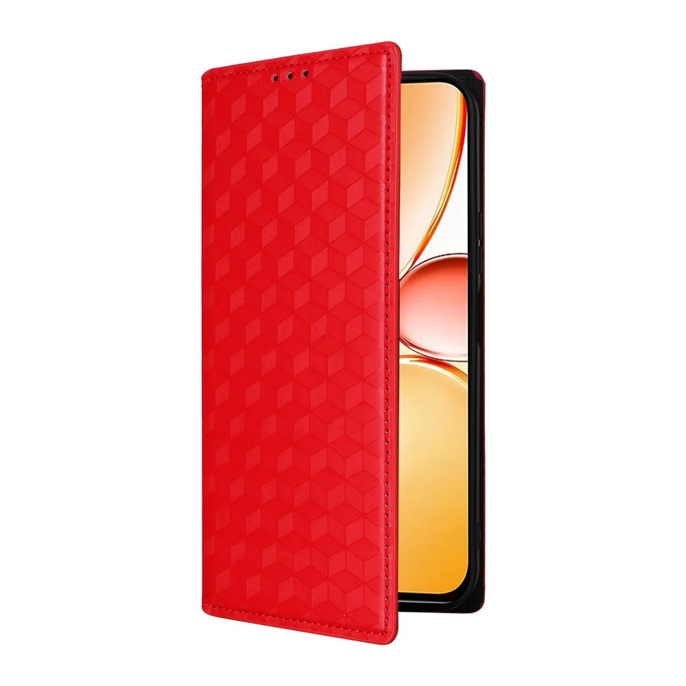 Wallet Case For Realme C100 5G / C83 5G / C85 4G / C85 5G / 15x (India) 5G Rhombus Imprinted PU Leather Phone Cover - Red - 6